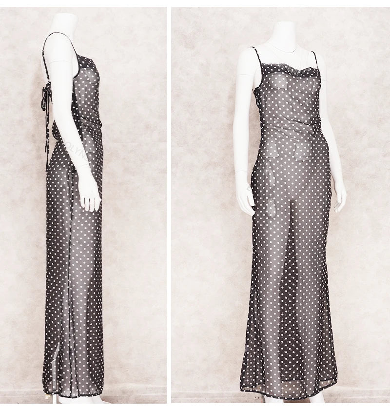 2025 Black Fashion Polka Dots Sundress Sexy See Through Spaghetti Strap Maxi Dress Women Summer Clothes Party Slip Dresses A1259