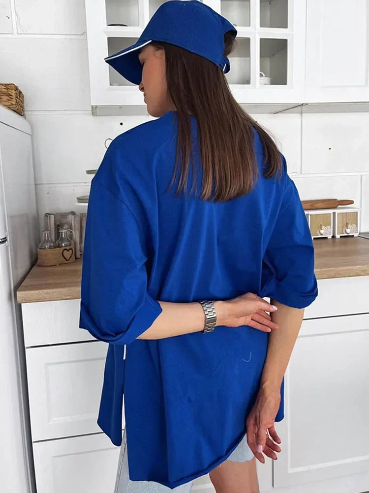 Summer Women's T-shirt Short Sleeve 100 % Cotton Oversized T-shirts Loose Casual O Neck Solid Blue Orange Tees Clothes for Women