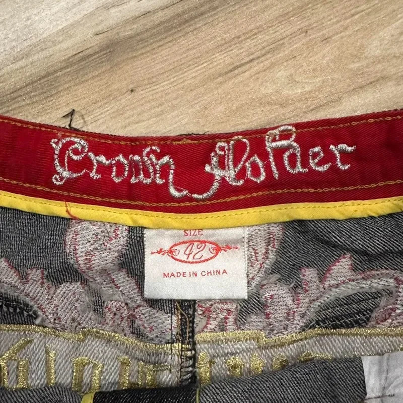 Y2K American New Gothic Alphabet Embroidered Baggy Denim Shorts Female Harajuku Retro Hip Hop Popular High Waist Wide Leg Shorts