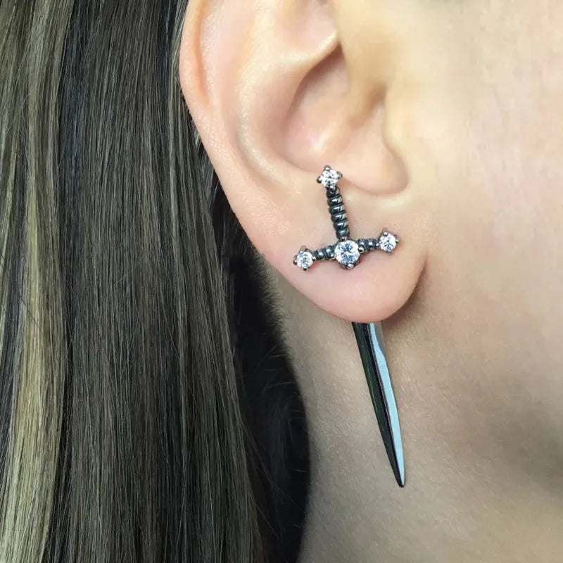 Gothic Kinitial Sword Earrings Vintage Cool Punk Crystal Ear Jacket Goth Dagger Earrings Jewelry Gift For Women