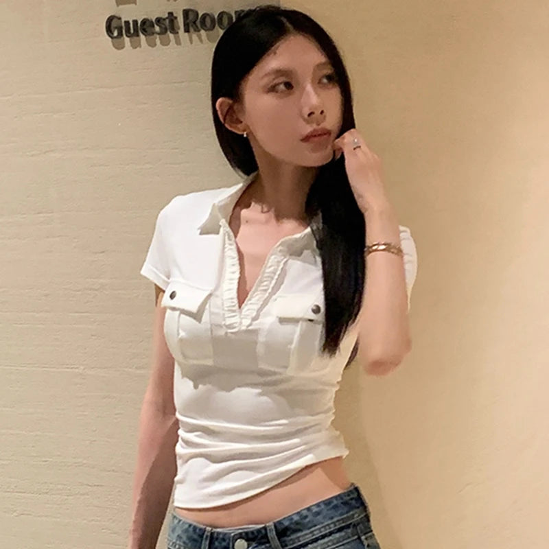 Tawaaiw Casual Pocket T-shirt Woman Clothes Short Sleeve Turn-down Collar Korean Fashion 2000s Clothes Y2k Summer Tops Tees