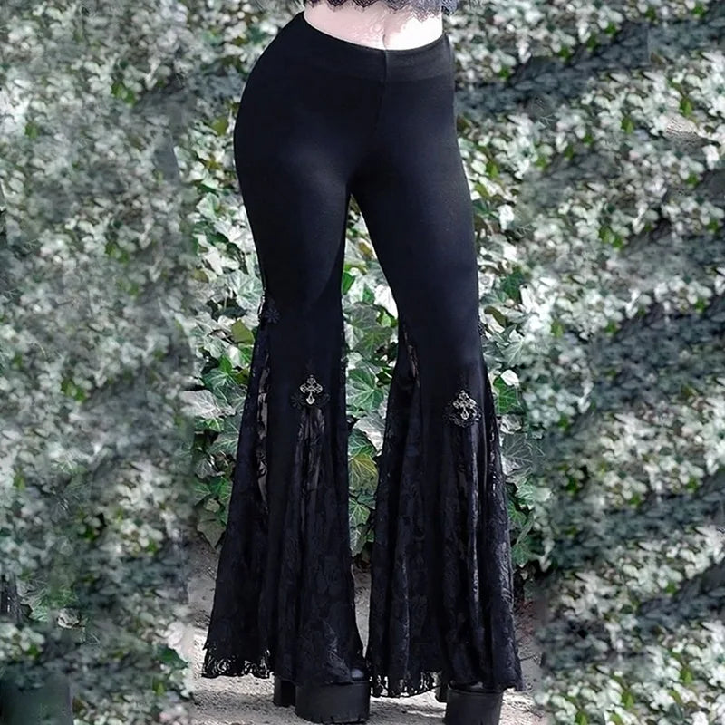 Goth Mall Flare Pants Sexy Black Lace Patchwork High Waist Vintage Harajuku Hippie Punk Grunge Streetwear Y2k Pants