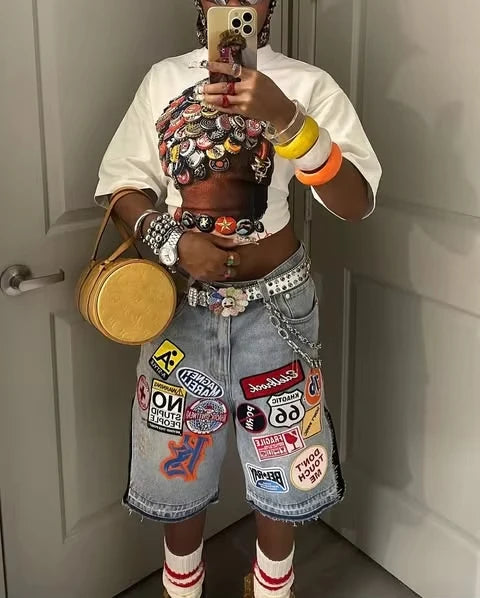 American Retro Denim Shorts Y2K Jeans Harajuku Hip Hop Cartoon Embroidery Retro Baggy Shorts Low Waist Sports Basketball Shorts