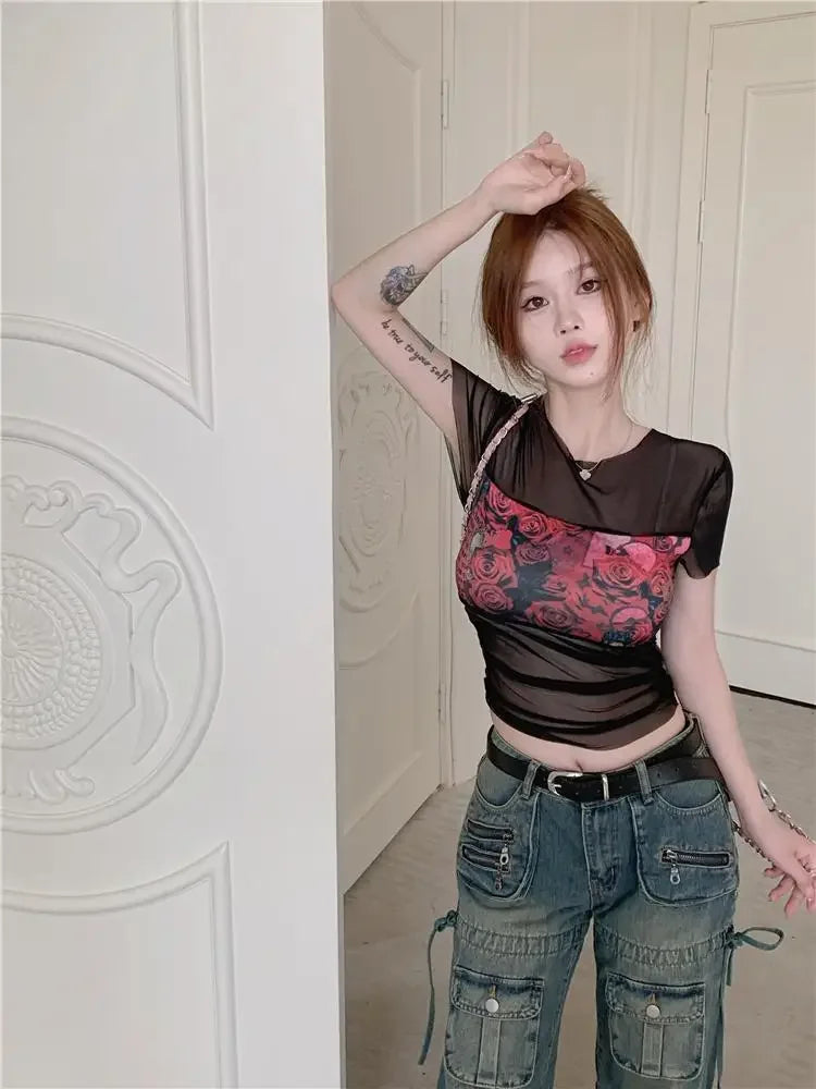 Summer Outfit Woman Tops Sexy Crop T Shirt for Women Y2k Fashion Korea Sale 90s Vintage Polyester Clothes Youthful Harajuku Kpop