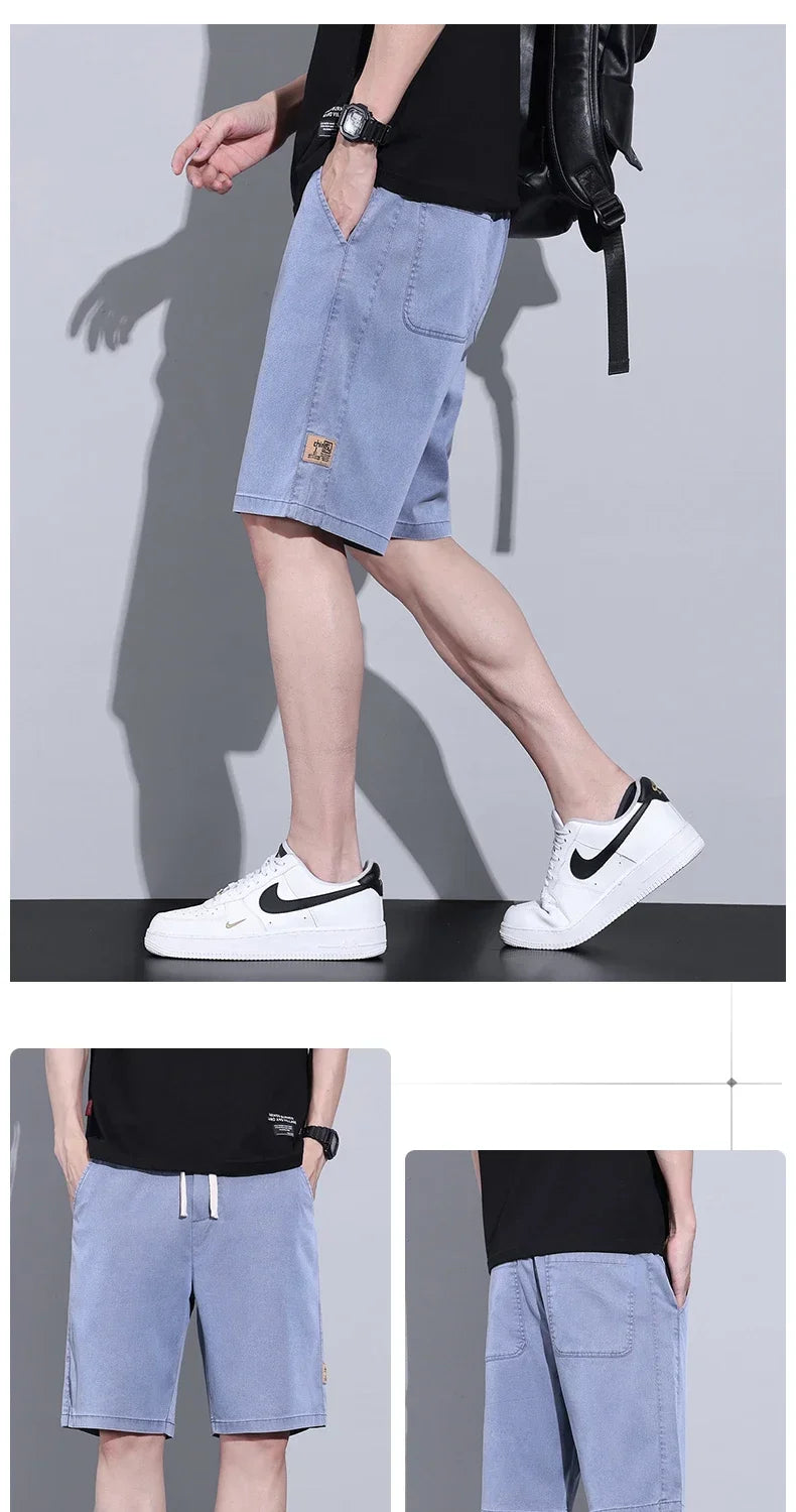 Soft Cosy Lyocell Thin Men's Denim Shorts Summer Clothes Loose Pants Drawstring Elastic Waist Korea Casual Short Plus Size M-5XL