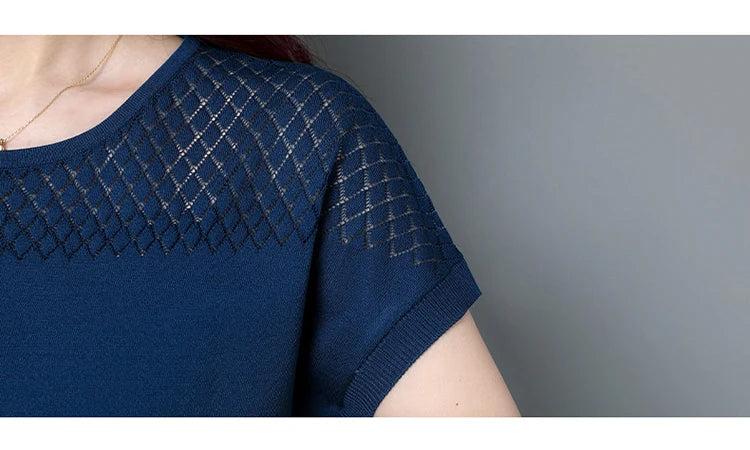 2024 Summer Ladies Knitted Top Short Sleeve Tshirt Hollow Out T Shirt Women Loose Elegant Tee Shirt Femme Casual Clothes T-shirt