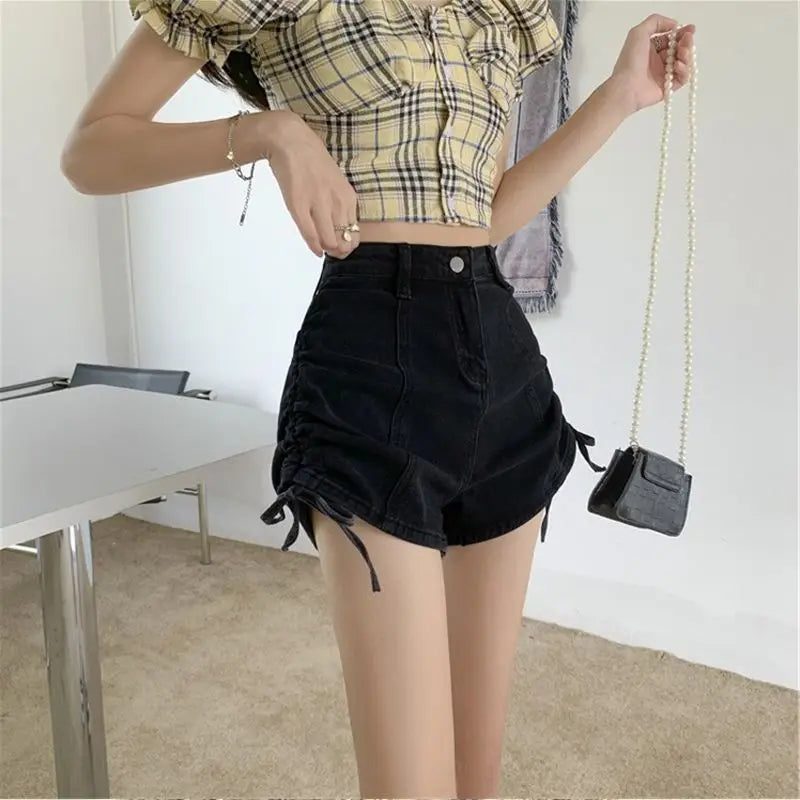Sexy Skinny Women's High Waist Denim Shorts Fashion Clothing 2025 Streetwear Summer Drawstring Lace-up Female Short Jeans Pants