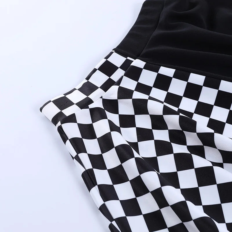 Y2K Houndstooth Color Block Mosaic Skirts Micro-trum Contrast Dark Style Pleated Skirts Women's High-waist Street Trend Skirts