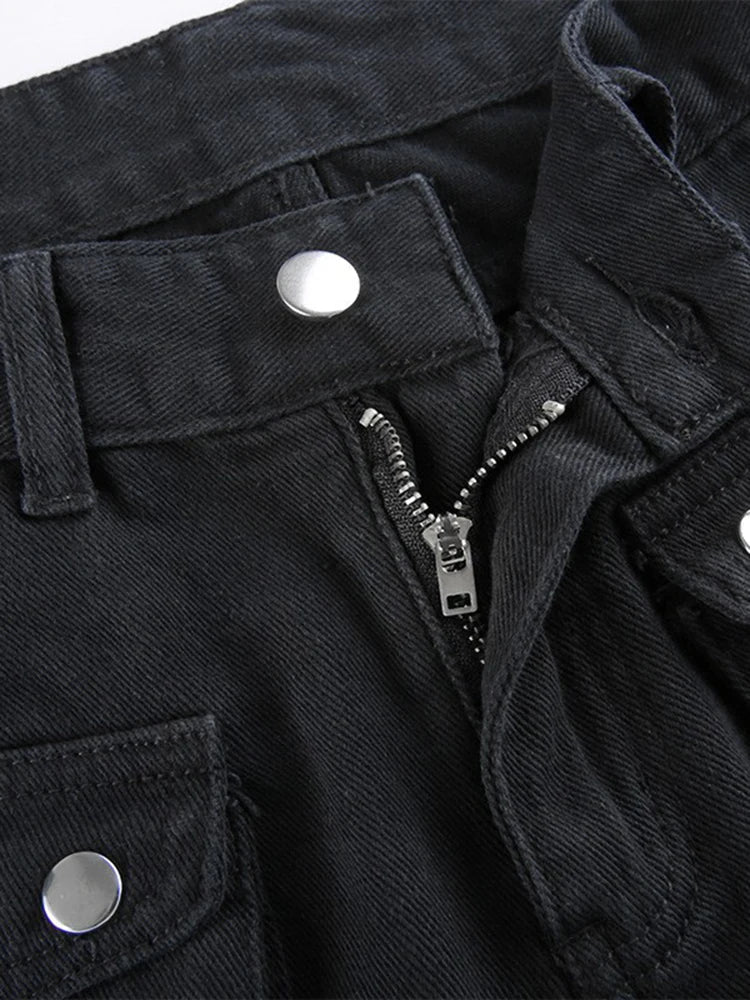 Eyelet Buckle Cyber Punk Goth Baggy Jeans Y2K Woman Techwear Dark Academic Solid E Girl Cargo Pants Denim Gothic Hippie Trousers