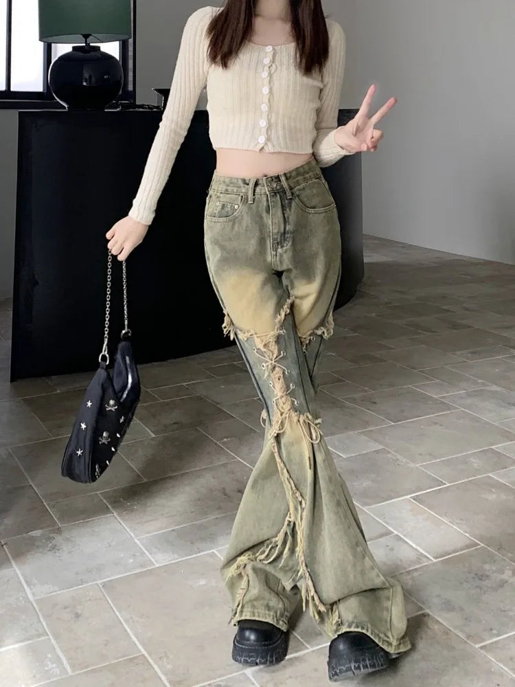 Oversize American Retro Straight Casual Pants Y2k Grunge High Waist Loose Wide Leg 2025 New Bell Bottom Jeans Women