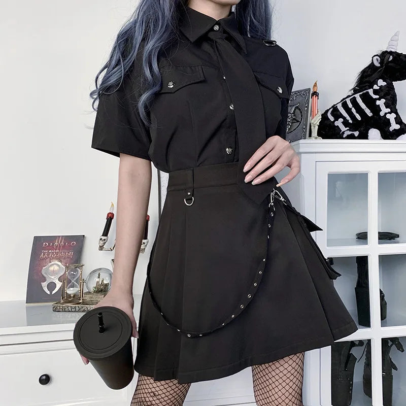 Harajuku Gothic Pocket Skirt Women 2023 Summer New A Line Sexy High Waist Preppy Streetwear Slim Split Female Goth Clothing