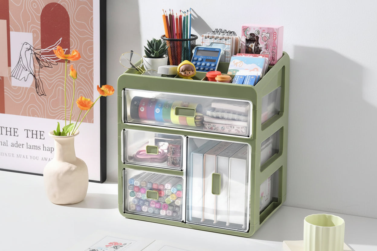 4Layers Office Desktop Green Clear Documents Stationery Storage Box Home Bedroom Girls Skin Care Jewelrys Sundry Organizer Rack