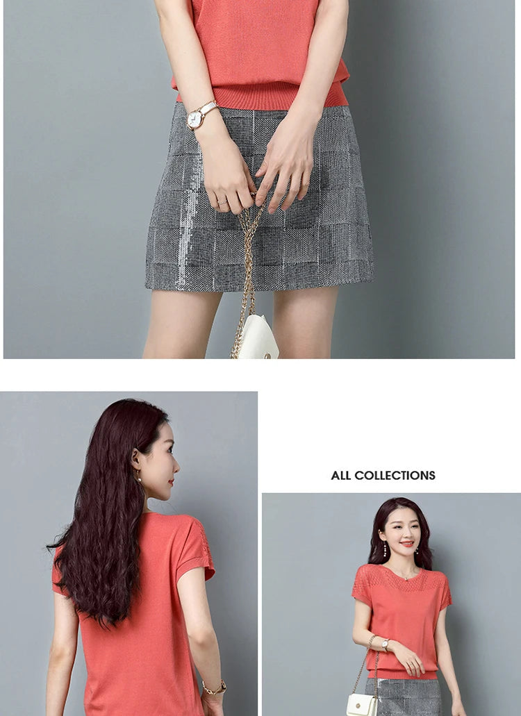 2024 Summer Ladies Knitted Top Short Sleeve Tshirt Hollow Out T Shirt Women Loose Elegant Tee Shirt Femme Casual Clothes T-shirt