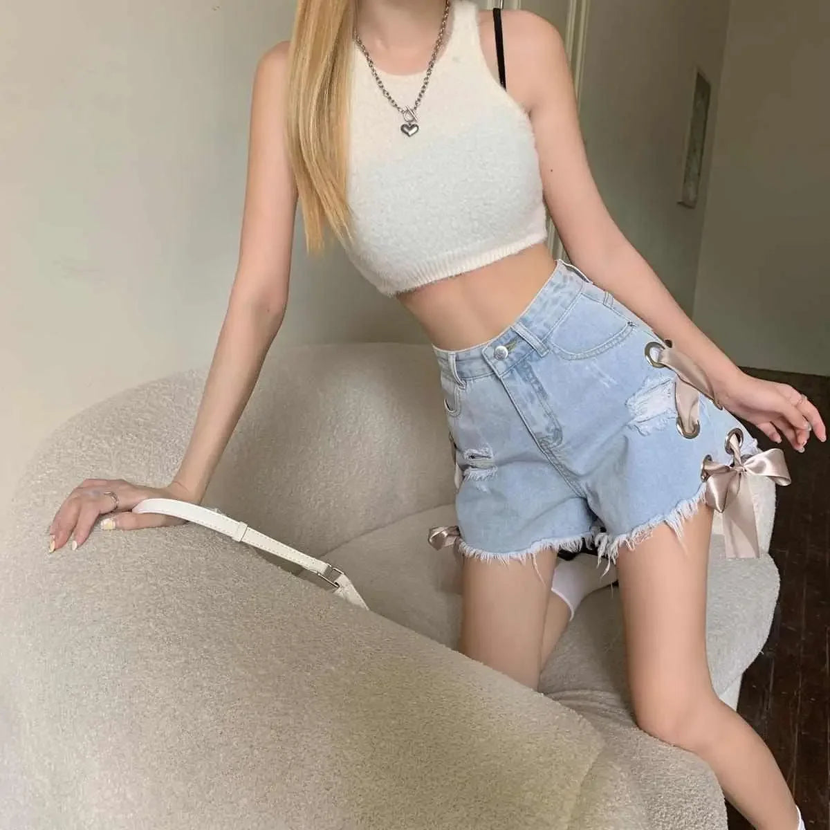 Short Jean Pants Woman Ripped Wide Denim Shorts for Women Stretchy Elasticty Flowy Jorts Summer 2000s Clothes Y2k Hot Streetwear