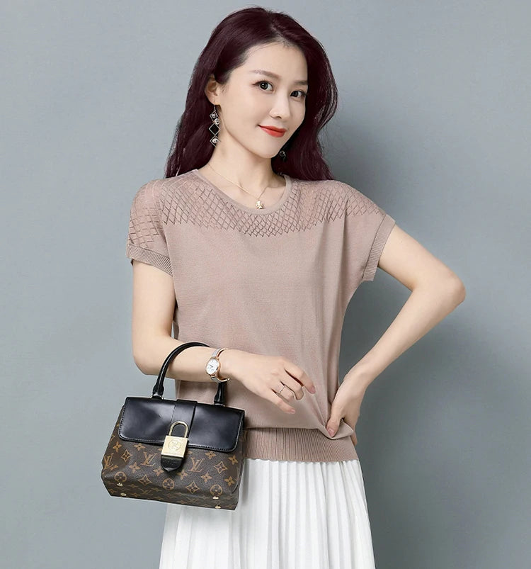 2024 Summer Ladies Knitted Top Short Sleeve Tshirt Hollow Out T Shirt Women Loose Elegant Tee Shirt Femme Casual Clothes T-shirt