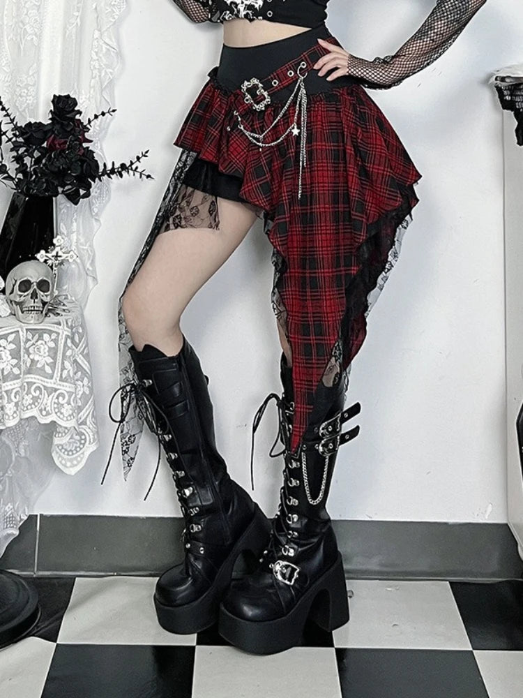 AltGoth Cyber Punk Dark Gothic Skirt Women Streetwear Harajuku Irregular Patchwork Red Plaid Skirt Hotsweet Y2k Clubwear Skirt