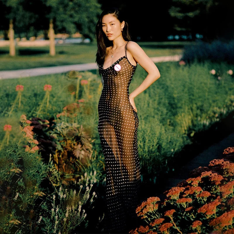 2025 Black Fashion Polka Dots Sundress Sexy See Through Spaghetti Strap Maxi Dress Women Summer Clothes Party Slip Dresses A1259