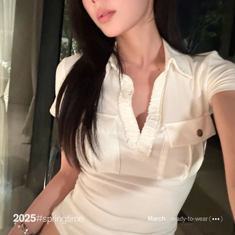 Tawaaiw Casual Pocket T-shirt Woman Clothes Short Sleeve Turn-down Collar Korean Fashion 2000s Clothes Y2k Summer Tops Tees