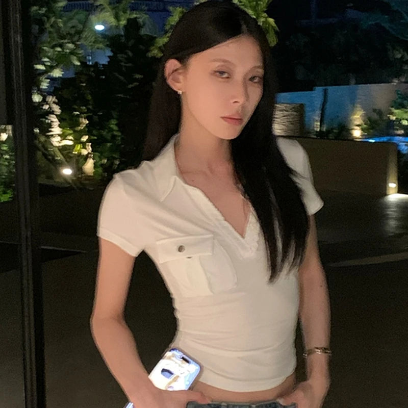 Tawaaiw Casual Pocket T-shirt Woman Clothes Short Sleeve Turn-down Collar Korean Fashion 2000s Clothes Y2k Summer Tops Tees