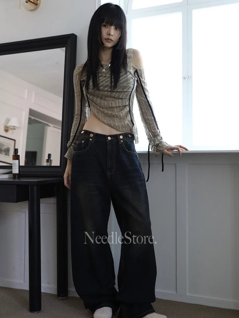 Yedinas American Retro T Shirt Women Clothes Long Sleeve Crop Top Lace Up Korean Fashion Gothic Off Shoulder Tee Shirt Femme Y2k