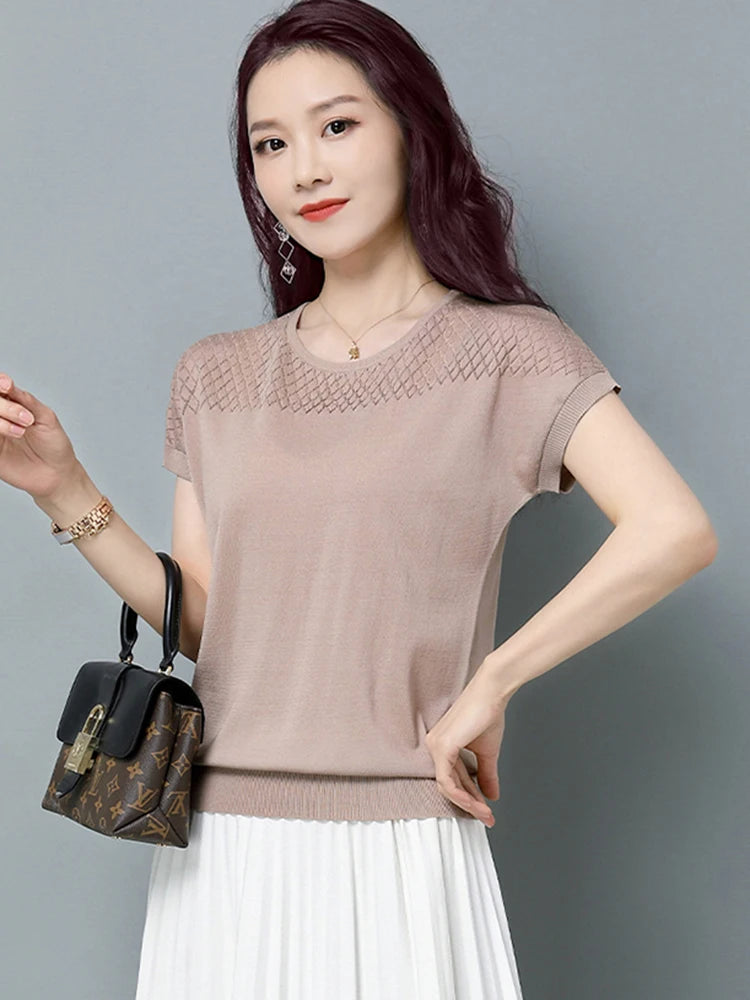 2024 Summer Ladies Knitted Top Short Sleeve Tshirt Hollow Out T Shirt Women Loose Elegant Tee Shirt Femme Casual Clothes T-shirt