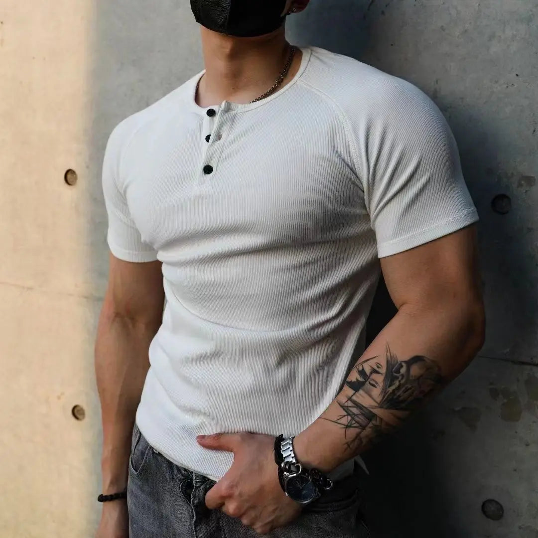 Men's T-shirt Summer Running Sports Fitness Clothes Muscle Slim Fit Short Sleeve Half Button O-neck Pullover Casual Short Sleeve