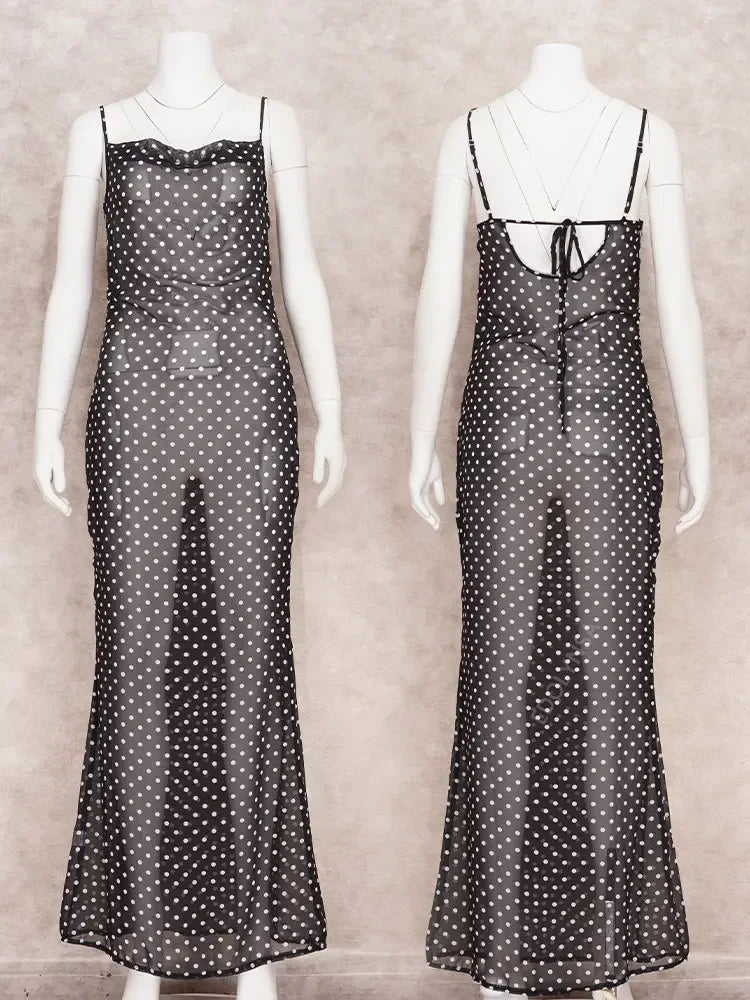 2025 Black Fashion Polka Dots Sundress Sexy See Through Spaghetti Strap Maxi Dress Women Summer Clothes Party Slip Dresses A1259