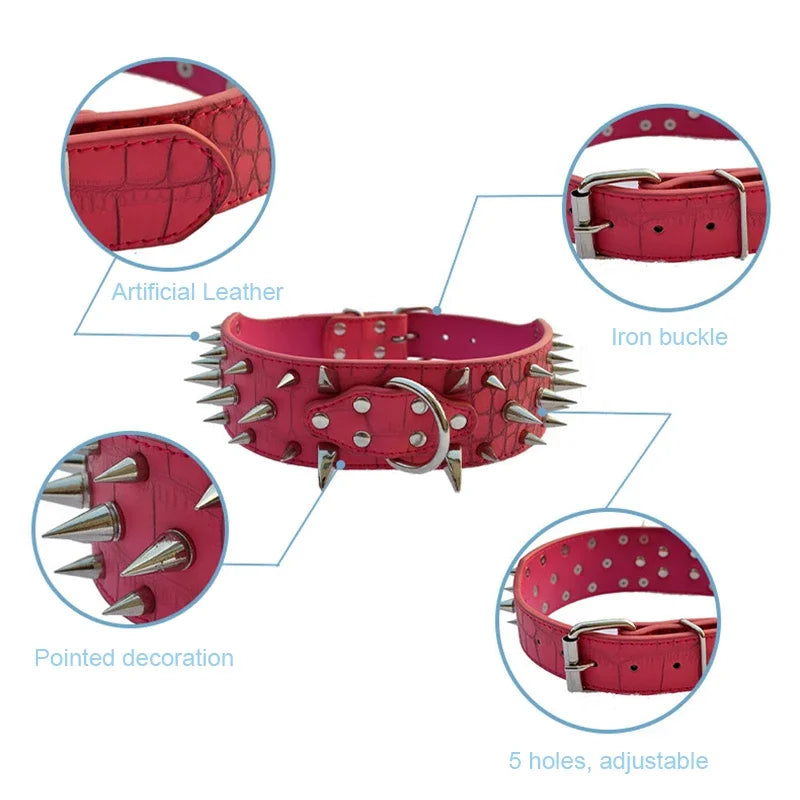 Adjustable Wide Dog Collar Rivet PU Leather Medium Large Dogs Collars Durable Neck Protection Adjustable Pet Necklace