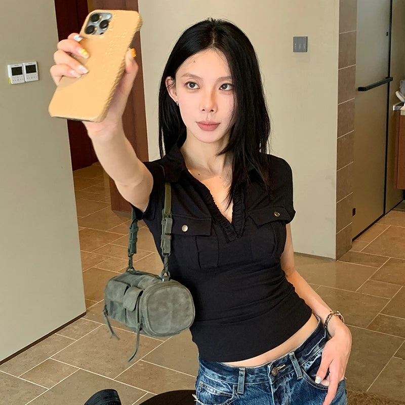 Tawaaiw Casual Pocket T-shirt Woman Clothes Short Sleeve Turn-down Collar Korean Fashion 2000s Clothes Y2k Summer Tops Tees