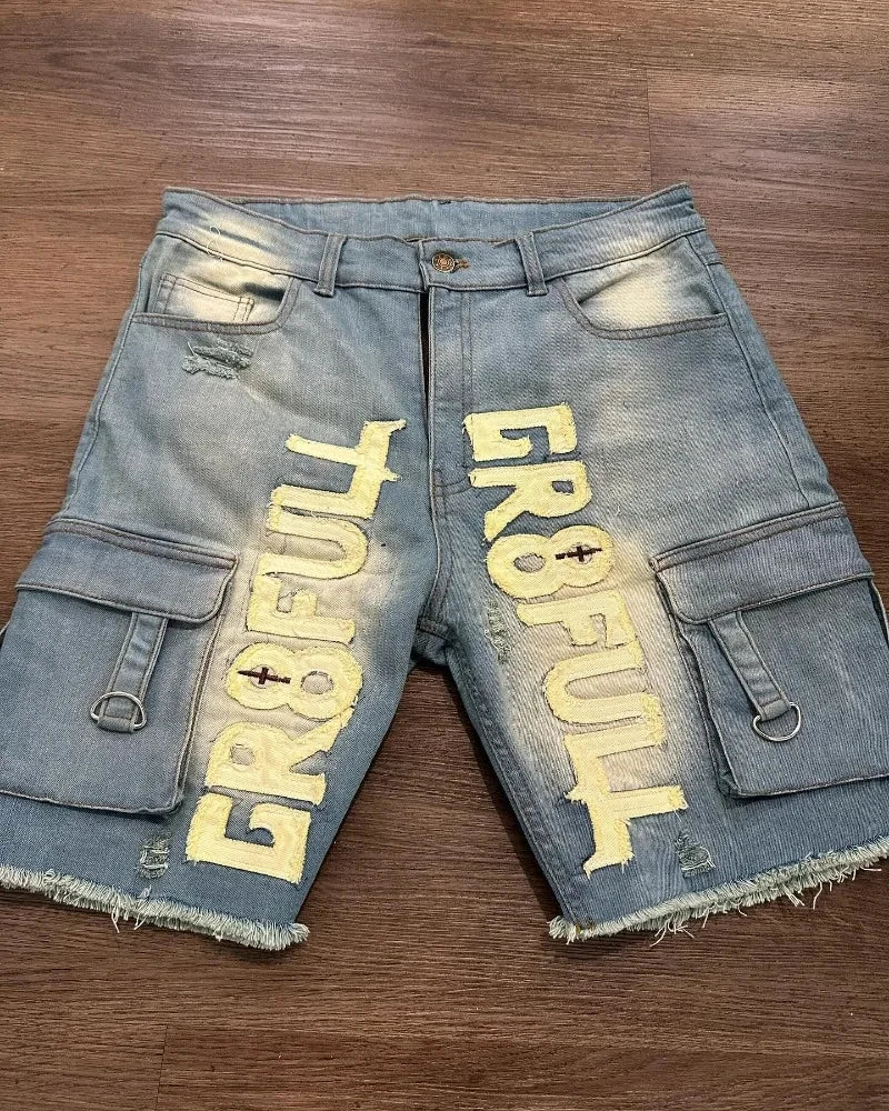 2025 American New Fashion Letter Embroidery Printing Casual Denim Shorts MenY2K Gothic Harajuku Popular Joker Denim Shorts