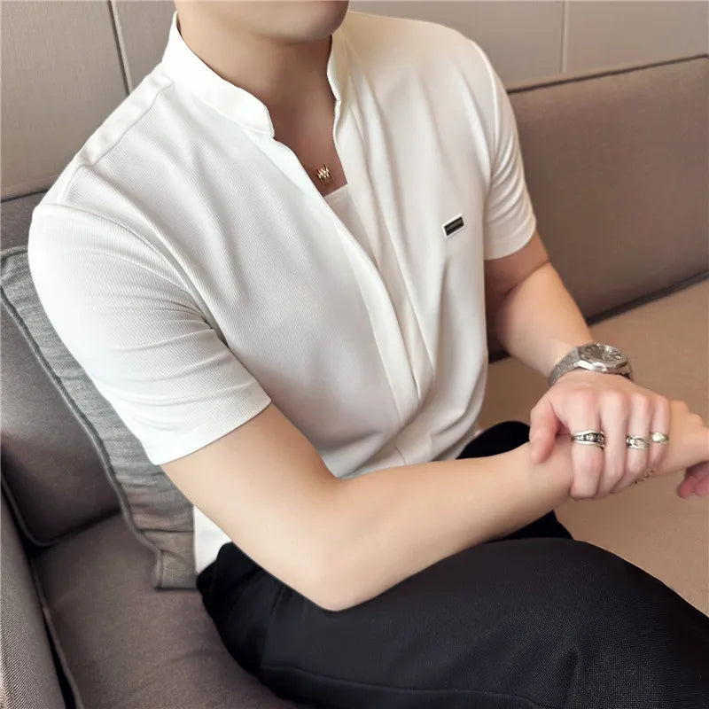 Camisas De Hombre Summer Stand Collar Shirts For Men Clothing High Quality Fashion Spliced Design Slim Fit Mens Dress Shirts 4XL
