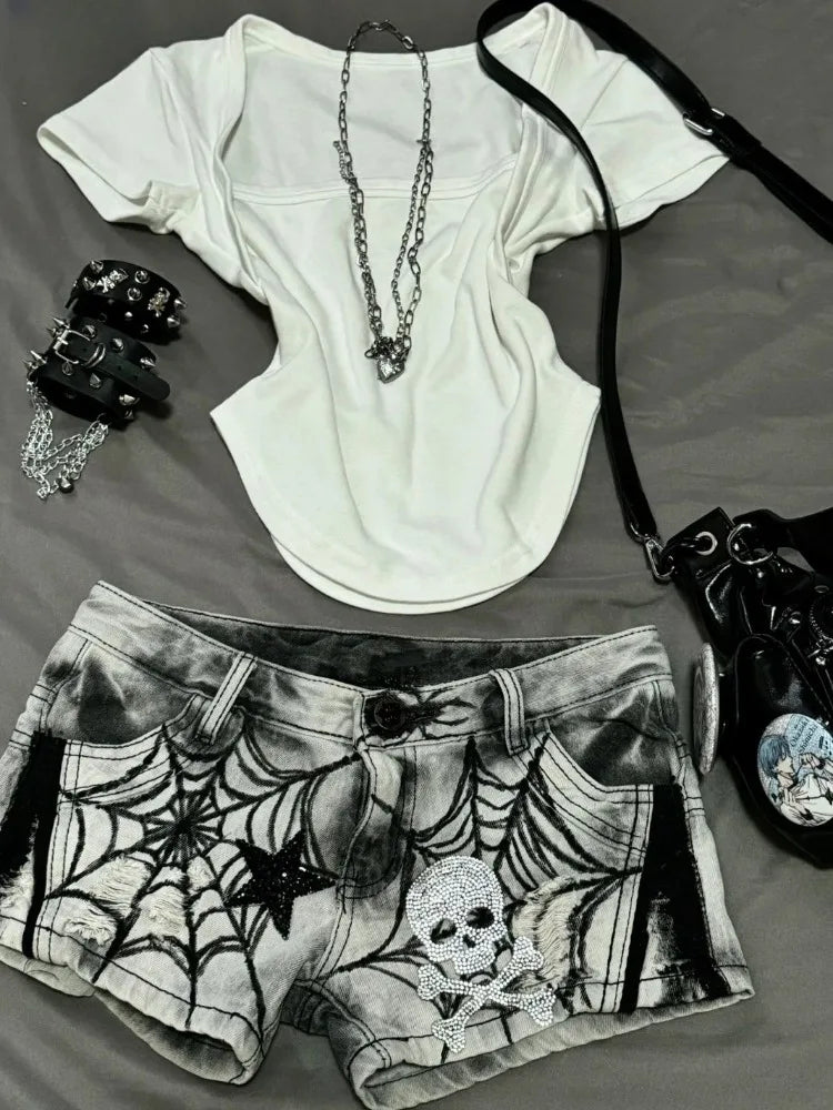 Street Punk Spider Web Printed Diamond Skull Star Denim Shorts Sexy Low-waisted Hot Short Panrts Summer New Jeans for Women