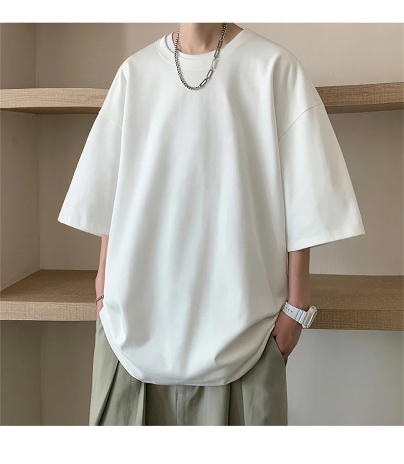 Men's Cotton T-shirts White Mens Oversized T Shirt Solid Summer Casual Wear Tee Shirts Fashion for Men 5XL Male Clothes