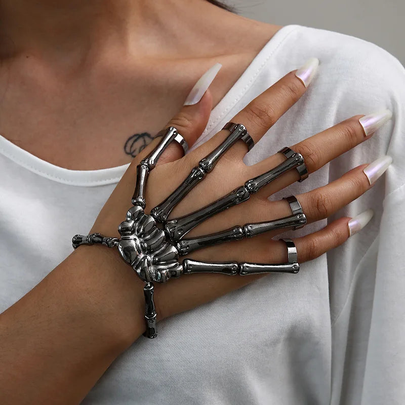 Skeleton Hand Bracelet Bangle Halloween Wristband Skull Fingers Metal Skeleton Hand Bracelet With Ring Hand Halloween Jewelry