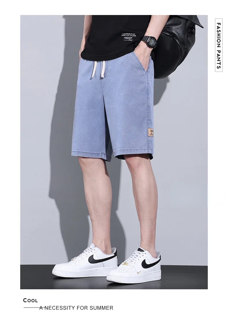 Soft Cosy Lyocell Thin Men's Denim Shorts Summer Clothes Loose Pants Drawstring Elastic Waist Korea Casual Short Plus Size M-5XL