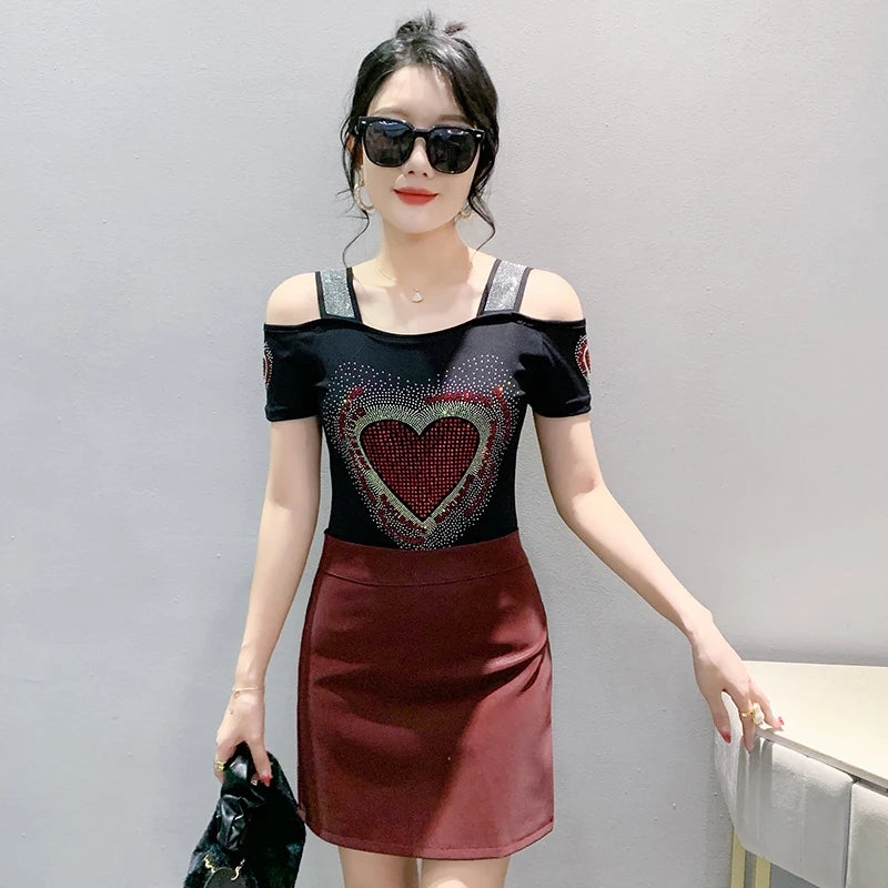 Aoxison Summer Short Sleeved Women's T-Shirt Elegant Slim Shiny Love Heart Diamonds Mesh Tops Chic Girl Sexy Off Shoulder Tees