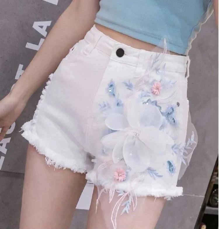 Denim Shorts for Women High Waist Flowers Short Jean Pants Woman To Wear 2000s Clothes Y2k 2025 Classic Casual Fashion Clothing