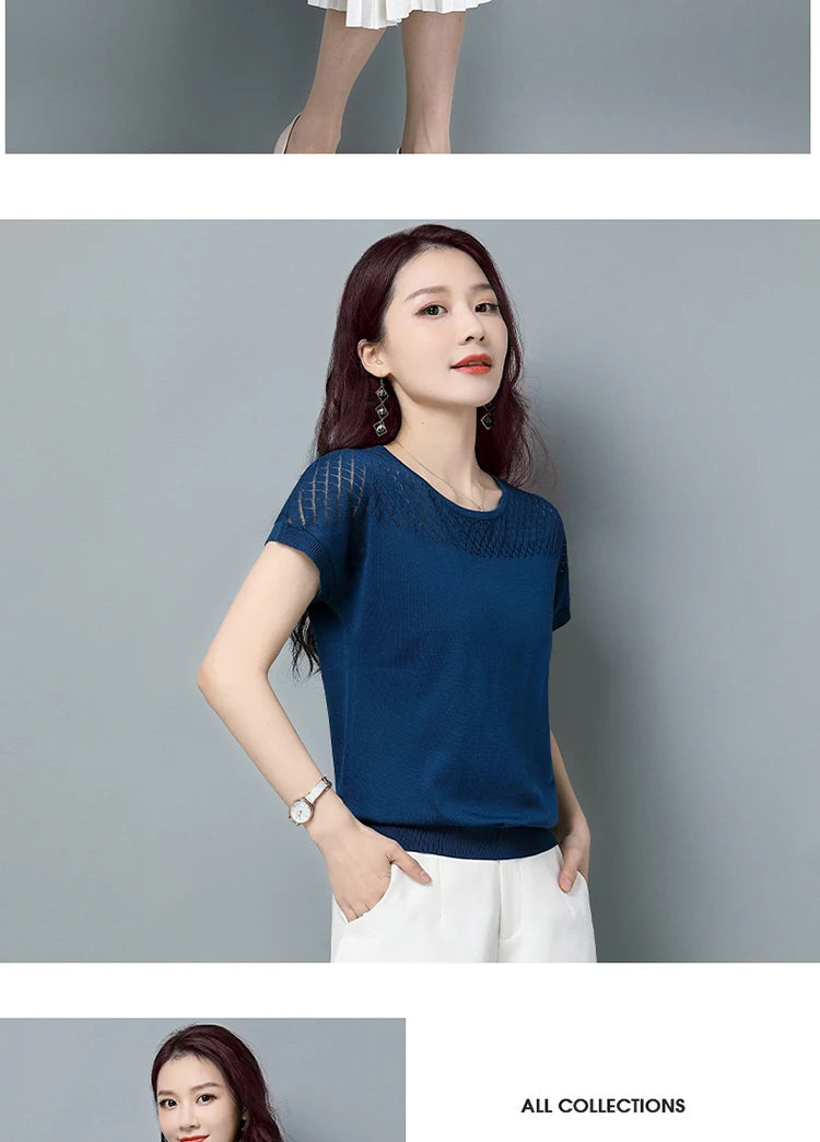 2024 Summer Ladies Knitted Top Short Sleeve Tshirt Hollow Out T Shirt Women Loose Elegant Tee Shirt Femme Casual Clothes T-shirt