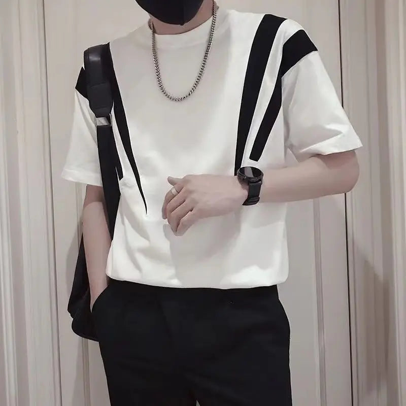 Summer New Fashion Simple Men Short Sleeve T-shirt Korean Contrasting Loose New Round Neck Patchwork Casual Versatile Thin Tops