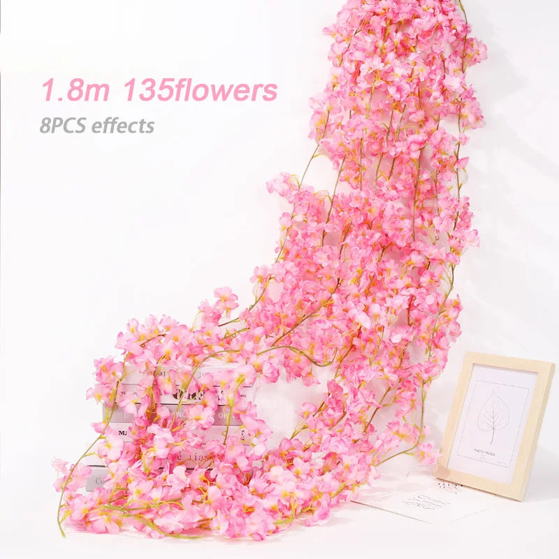1.8m Pink Cherry Blossom Artificial Flower Silk Garland Vine Home Party Garden Arch Wedding Background Decoration Fake Flower