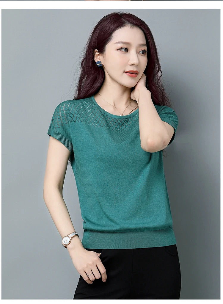 2024 Summer Ladies Knitted Top Short Sleeve Tshirt Hollow Out T Shirt Women Loose Elegant Tee Shirt Femme Casual Clothes T-shirt