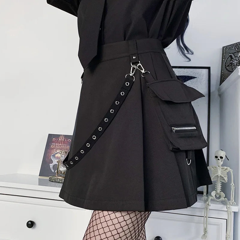 Harajuku Gothic Pocket Skirt Women 2023 Summer New A Line Sexy High Waist Preppy Streetwear Slim Split Female Goth Clothing