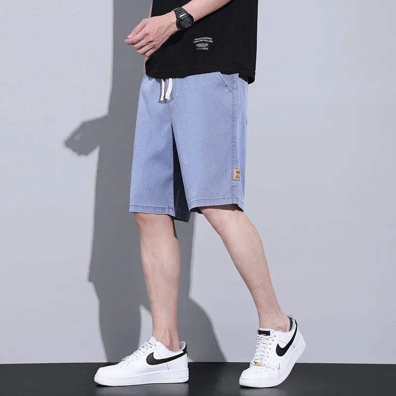 Soft Cosy Lyocell Thin Men's Denim Shorts Summer Clothes Loose Pants Drawstring Elastic Waist Korea Casual Short Plus Size M-5XL