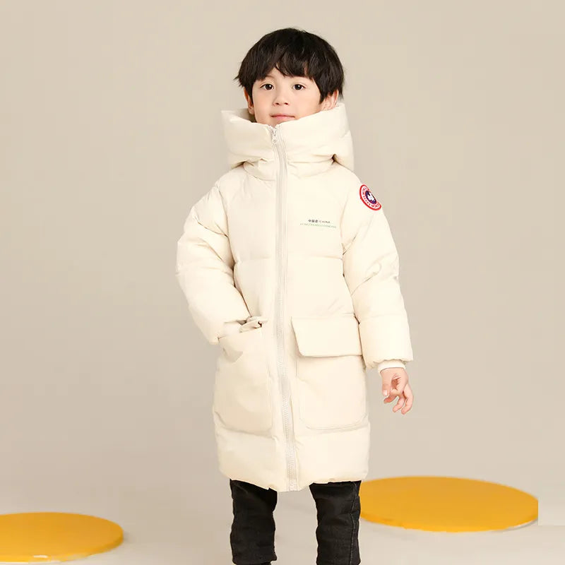 2023 Autumn Winter Korean Version Children Medium Long Style Down Cotton Jacket Baby Boys Girls Zipper Hooded Outwear 3-10Y