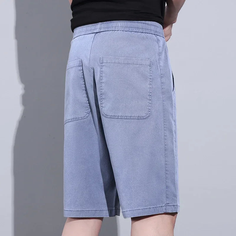 Soft Cosy Lyocell Thin Men's Denim Shorts Summer Clothes Loose Pants Drawstring Elastic Waist Korea Casual Short Plus Size M-5XL