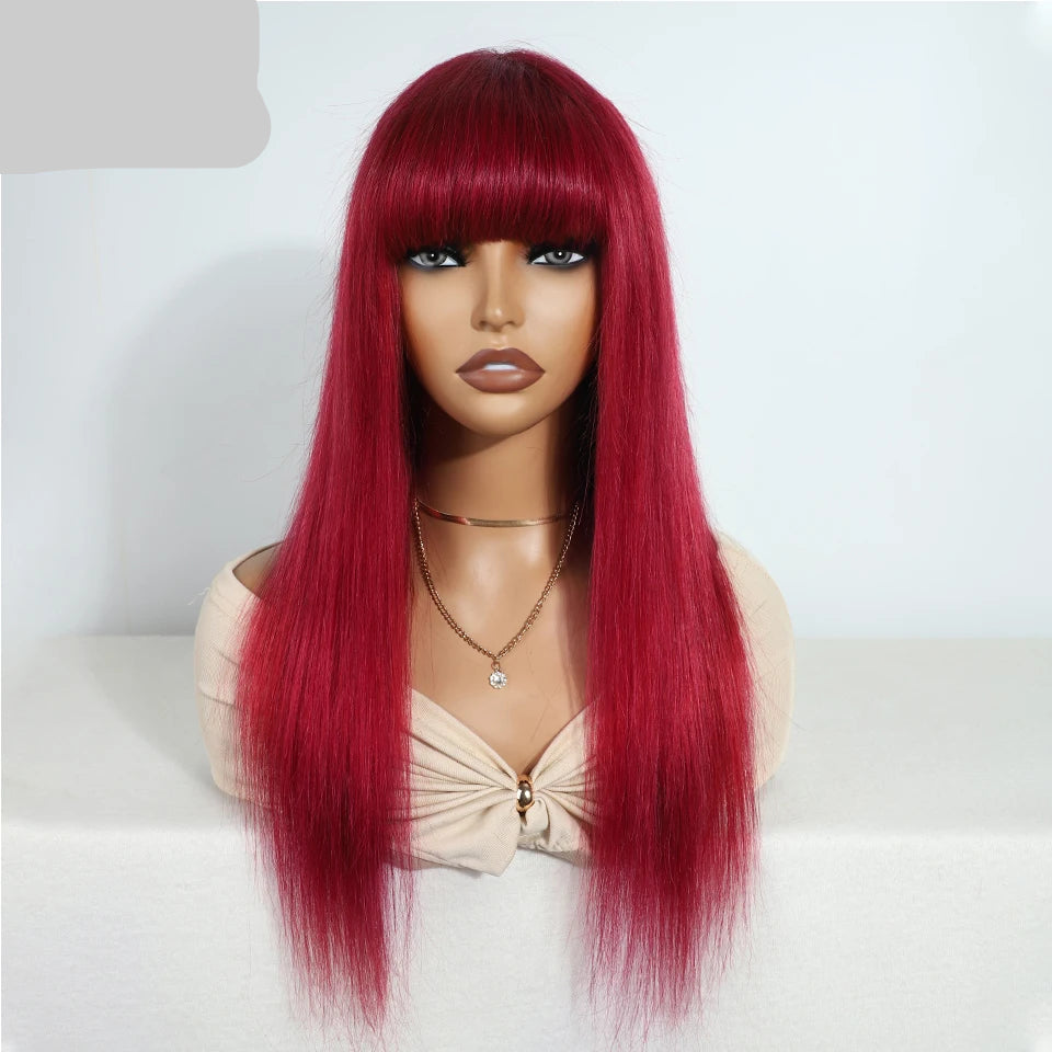 Sleek Human Hair Wigs With Bang Brazilian Straight Red Burgundy Human Hair Wigs Brown Color 4# For Black Women None Lace Wigs