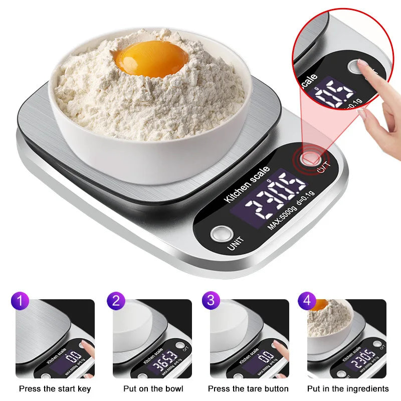 Household Kitchen Scale Electronic Food Scale Baking Scale Measuring Tool Stainless Steel Platform With Lcd Display 5kg/ 0.1g