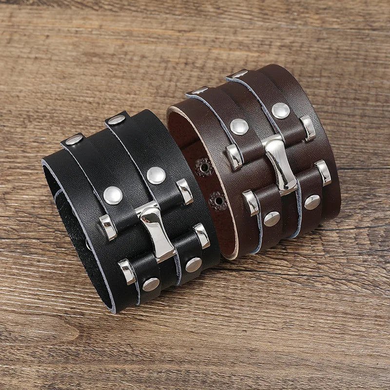 New Vintage Leather Wristband Bracelet Cuff Goth Metal Armbands Concealed Buckle Adjustable Gothic Punk Bracelets Men Jewelry