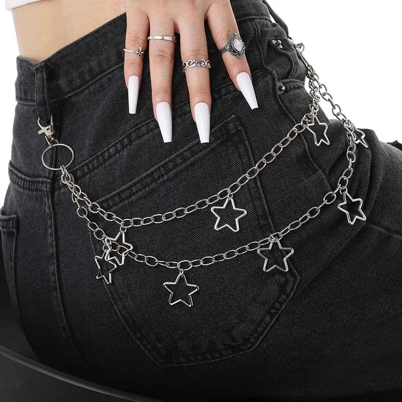 Hip Hop Trendy Car Jeans Pants Key Chain Ring For Women Men Hip Hop Multilayer Star Tassel Chain Pendant Chain For Bag