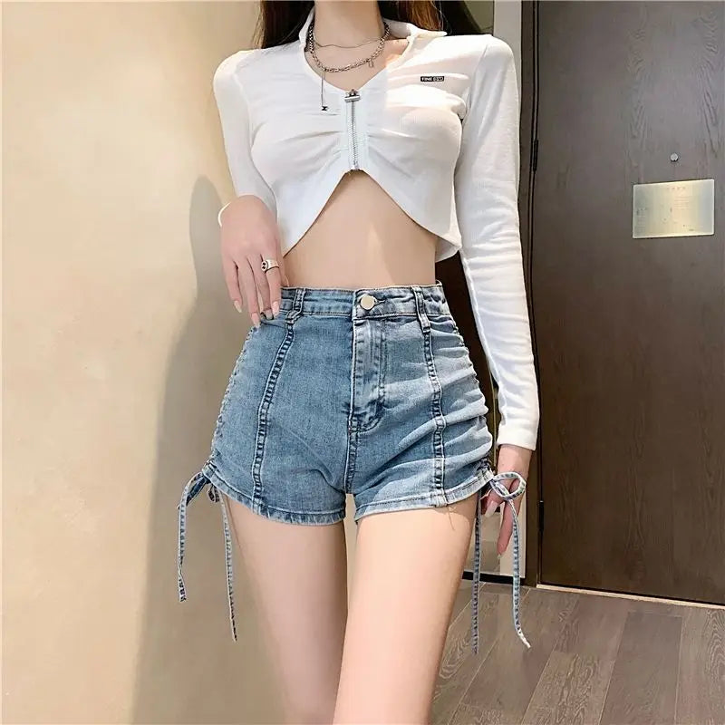 Sexy Skinny Women's High Waist Denim Shorts Fashion Clothing 2025 Streetwear Summer Drawstring Lace-up Female Short Jeans Pants